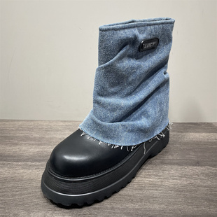 炸街裤 西部牛仔靴套筒短靴女春秋新款 管靴厚底马丁靴 处理时尚 断码