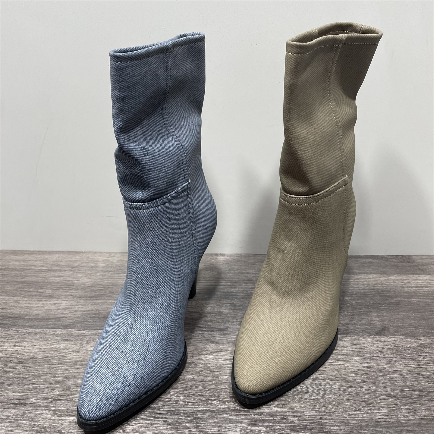 清仓处理秋冬新款欧美风高跟短靴女锥形跟尖头靴子套筒显瘦瘦靴女