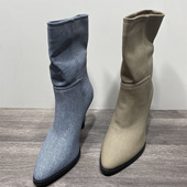 清仓处理秋冬新款 欧美风高跟短靴女锥形跟尖头靴子套筒显瘦瘦靴女