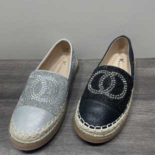 断码处理慵懒风圆头水钻草编粗平底渔夫鞋女春季懒人一脚蹬乐福鞋