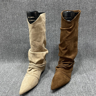 断码 绒面尖头瘦瘦中筒骑士长靴 处理内增高堆堆长筒靴女靴秋冬新款