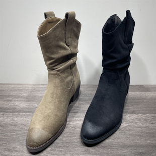 断码处理洋气小短靴子女冬季加绒保暖时尚粗跟中筒堆堆靴西部靴女