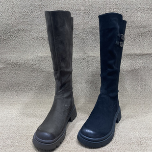 加绒保暖厚底显瘦骑士长筒靴女圆头瘦瘦靴 款 断码 处理弹力长靴冬季