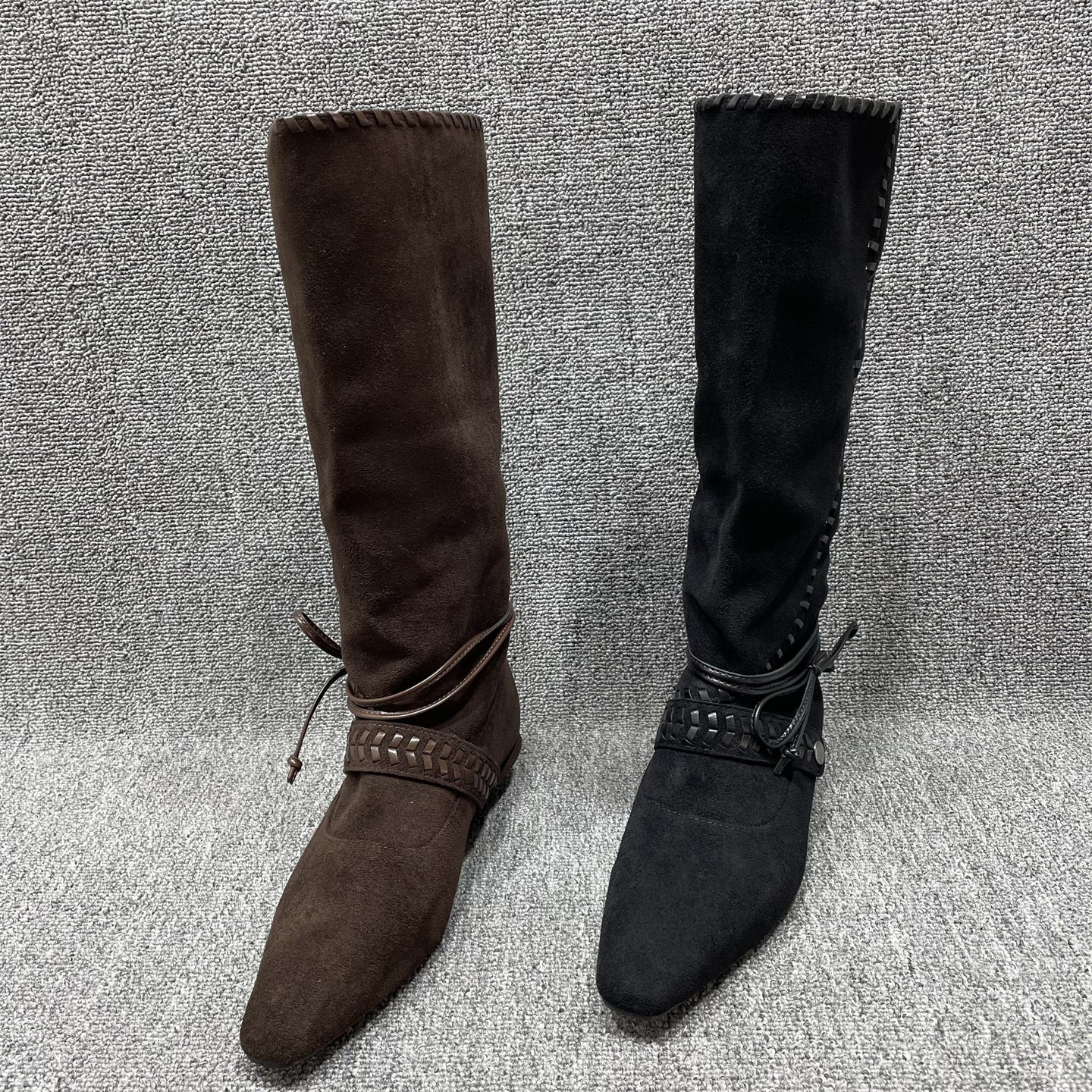 断码处理绒面方头高筒靴女