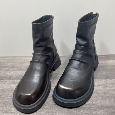 褶皱堆堆靴擦色废土风粗跟瘦瘦靴