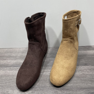 断码 气质绒面圆头勃肯靴牛仔靴 处理皮带扣内增高套脚短靴女秋冬款