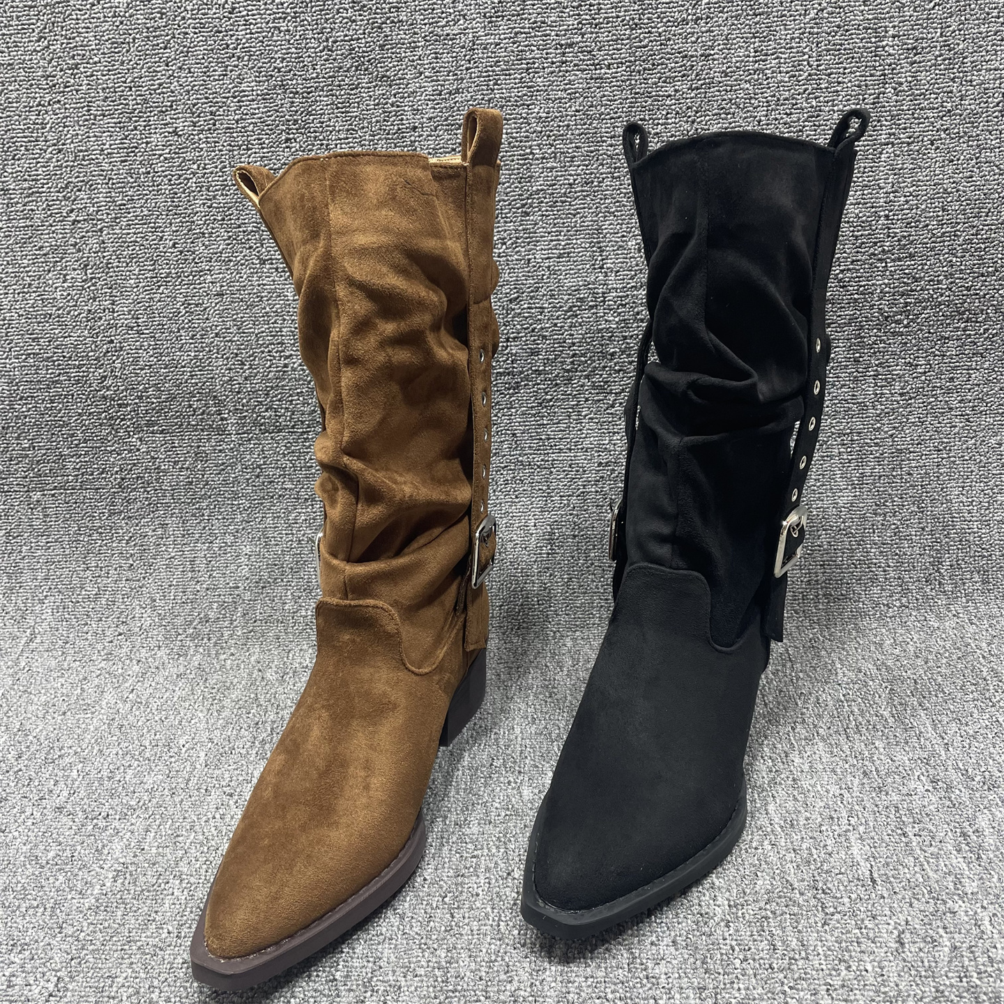 中筒皮带扣粗跟显瘦短靴女