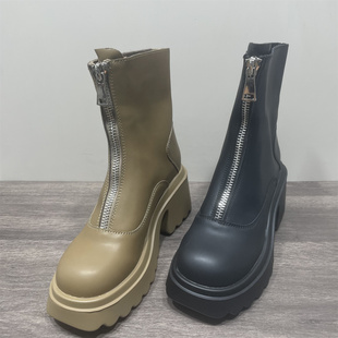 断码 处理真皮厚底马丁靴女复古前拉链粗跟短靴秋冬加绒高跟机车靴