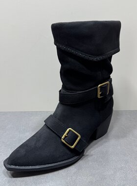 皮带扣粗跟短靴女中筒骑士靴