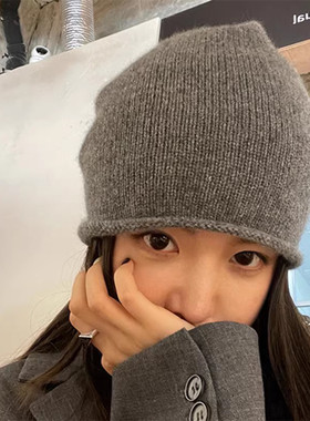 【自产】康赛妮100%羊绒包头帽子女针织COS风灰色冷帽卷边堆堆帽