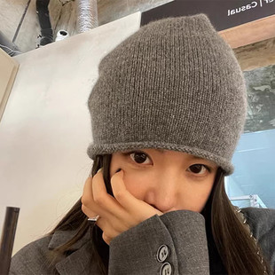 康赛妮100%羊绒包头帽子女针织COS风灰色冷帽卷边堆堆帽 自产