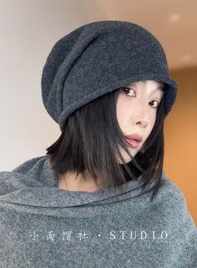 小雨帽社冷帽羊绒堆堆帽针织包头帽子薄款女大头围秋冬新款