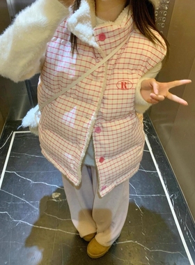 设计感美式复古格纹羊羔毛马甲女慵懒风甜美格子加绒保暖背心外套