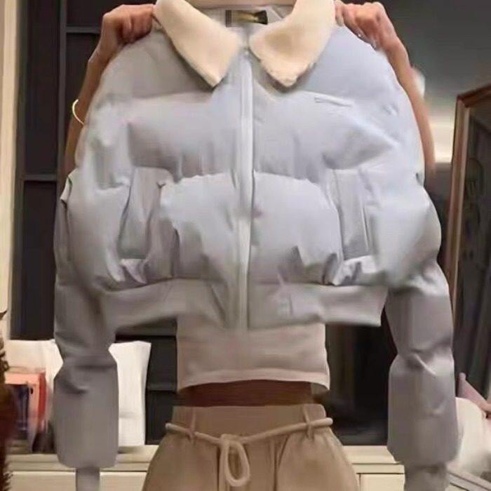 美式复古蓝色毛领短款羽绒棉服女2025年新款冬季百搭休闲棉衣棉袄