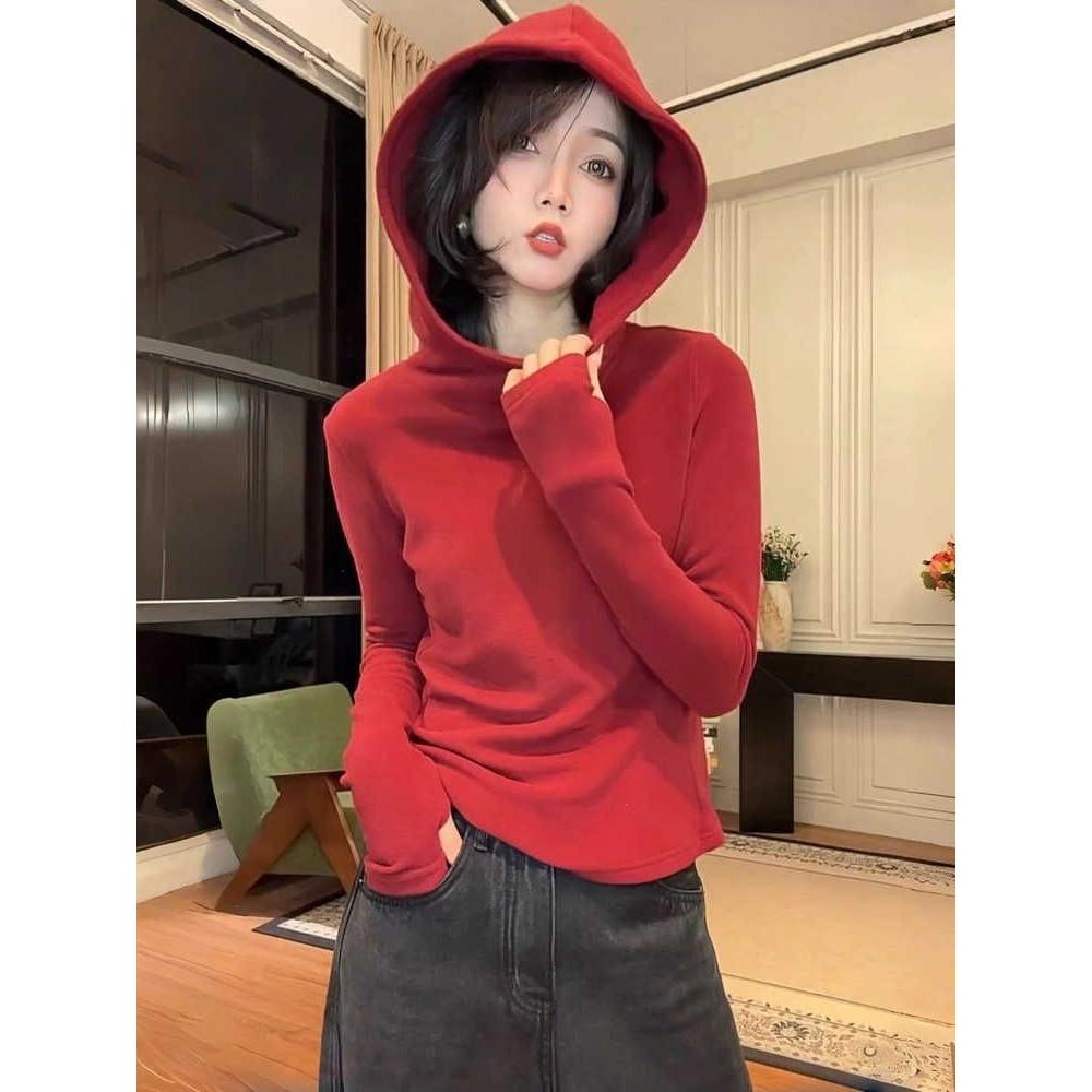 欧货时尚洋气双面德绒连帽卫衣女冬季设计感修身显瘦打底帽衫上衣