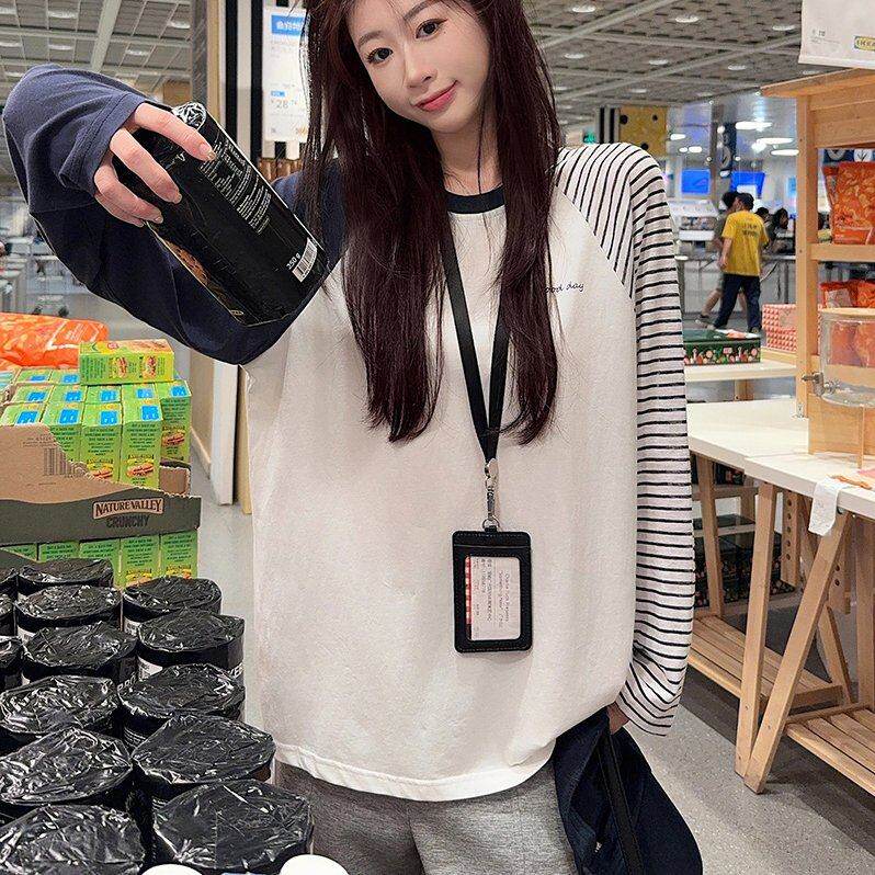 实拍纯棉长袖t恤打底衫女薄款条纹插肩袖潮春秋新款宽松圆领上衣