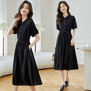 实拍 法式衬衫连衣裙女夏新款赫本风黑色收腰显瘦气质雪纺长裙子