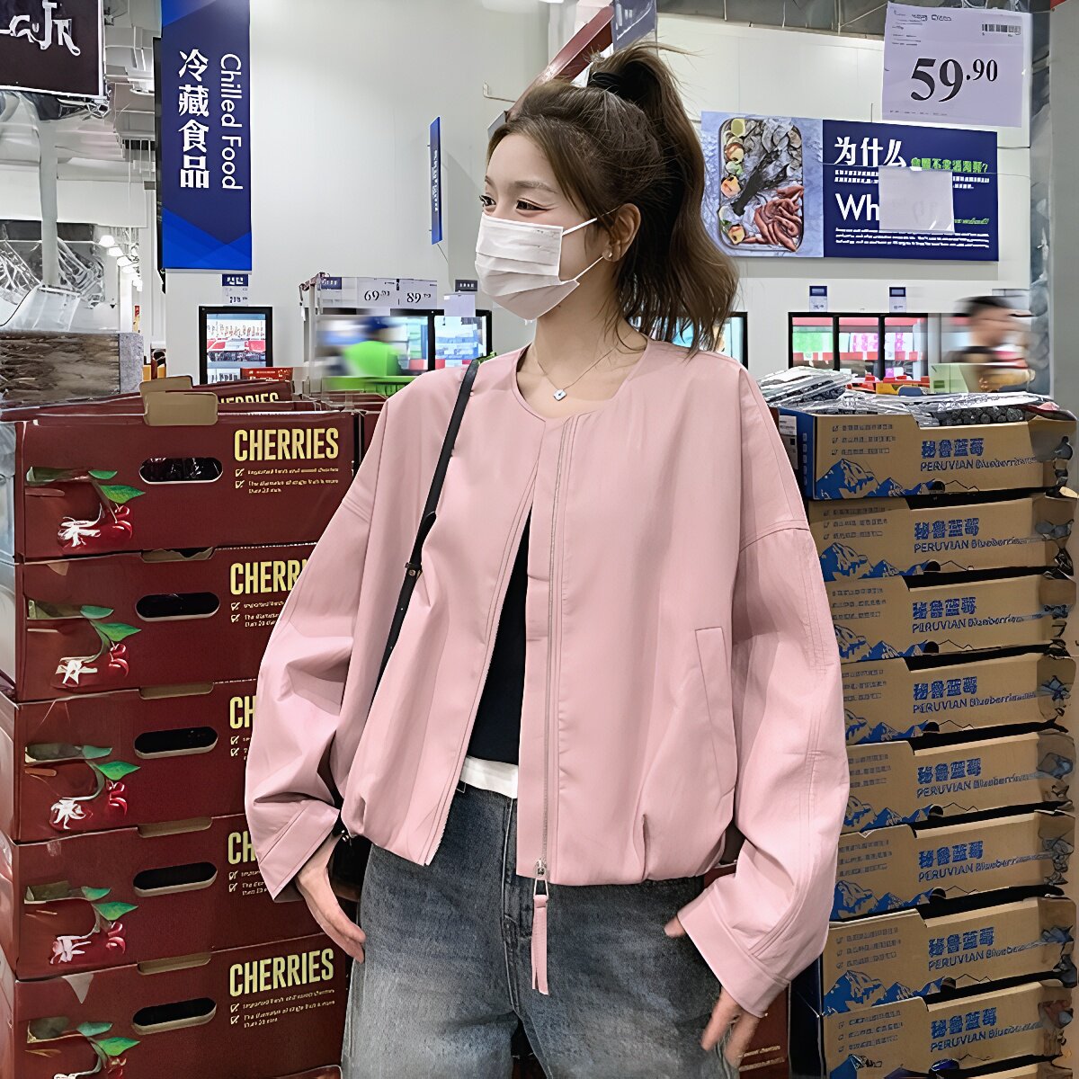 粉色圆领皮衣外套女春秋2025新款又酷又飒减龄休闲蛋白皮夹克爆款