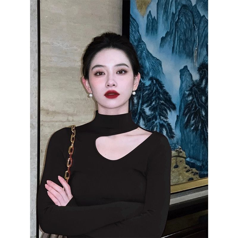 黑色镂空半高领挂脖内搭打底衫女秋冬纯欲修身针织衫锁骨上衣早秋