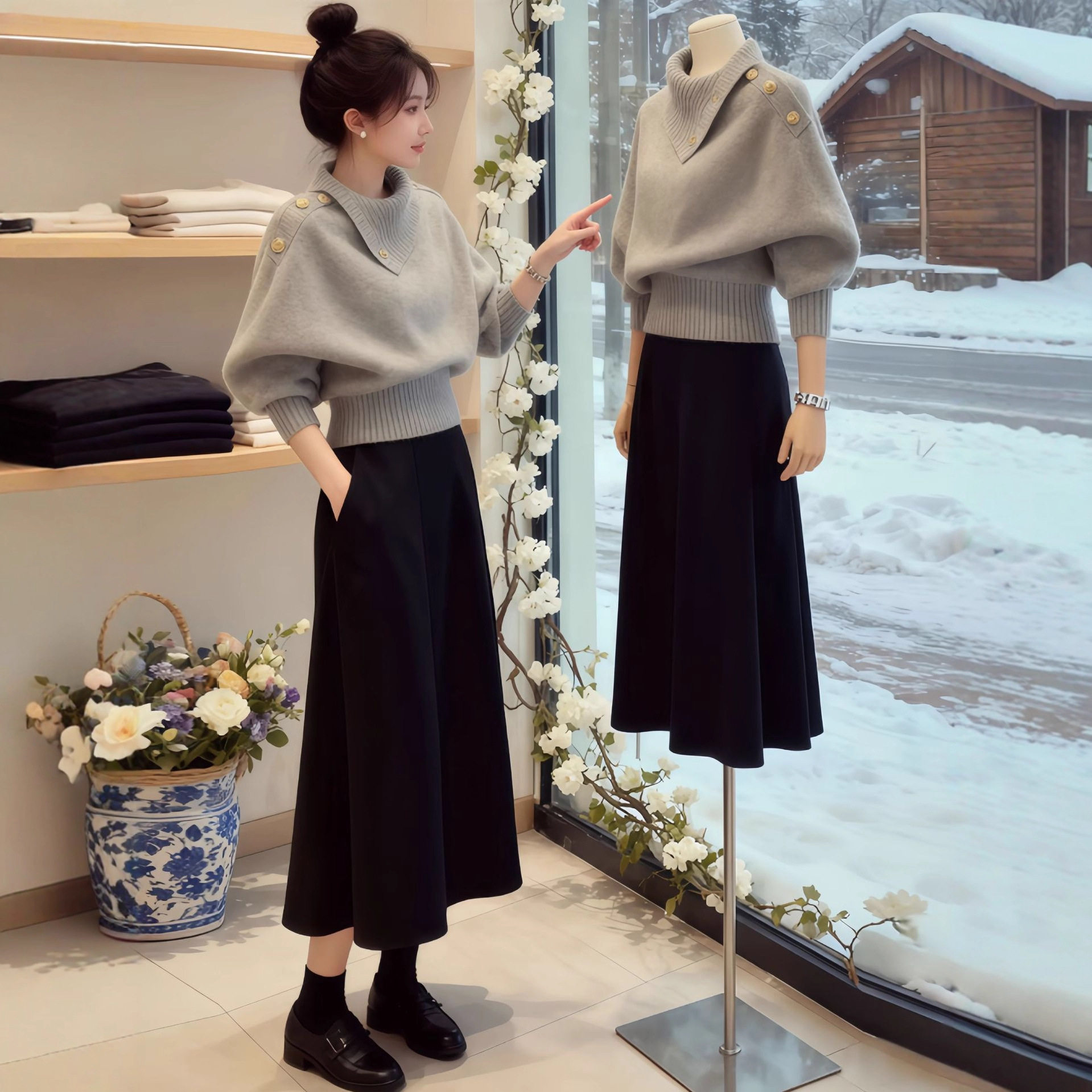 慵懒感不规则翻领灰色针织衫女2025冬季独特漂亮轻熟气质加厚毛衣