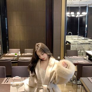 灰色v领绑带毛呢外套女秋冬季长袖宽松高级感大衣拼接中长款上衣