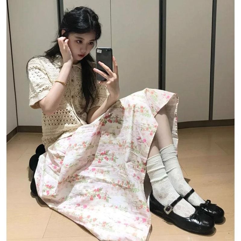 2026夏季新款法式设计感小众镂空上衣高腰印花a字半身裙两件套女