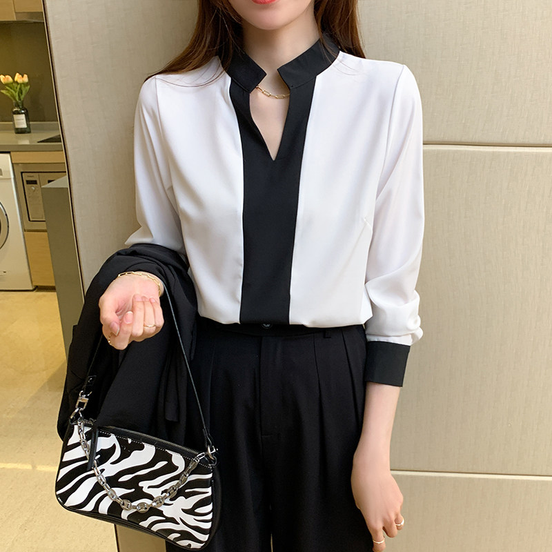 洋气雪纺衫女2026春秋新款v领撞色设计感小众OL通勤衬衫上衣