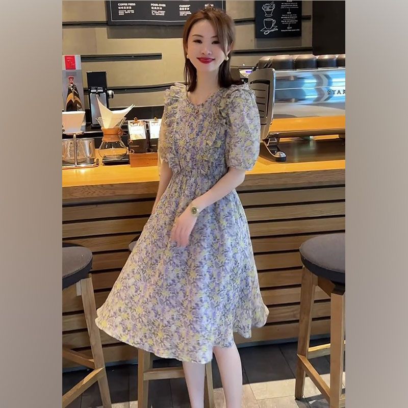 法式桔梗茶歇碎花连衣裙女夏季款小清新荷叶边收腰显瘦a字长裙子