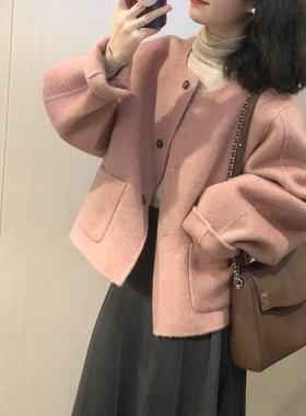 秋装搭配一整套高级感韩系粉色毛呢外套温柔盐系轻熟两件套装裙