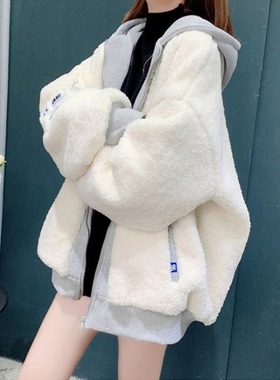 米粒绒复合牛奶丝休闲慵懒风拼色连帽卫衣外套