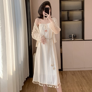 实拍波西米亚流苏吊带白色收腰连衣裙披肩套装 2025开春小个子裙子