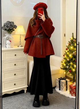 圣诞穿搭红色斗篷毛衣外套女秋冬季2025新爆款巨好看针织开衫上衣