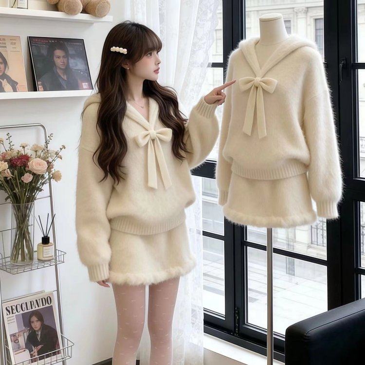 独特漂亮冬装一整套女2026新款白色蝴蝶结绑带毛衣针织半身裙套装