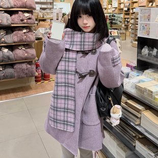 冬季法式千金风格纹连帽毛呢外套女小个子高级感宽松保暖大衣