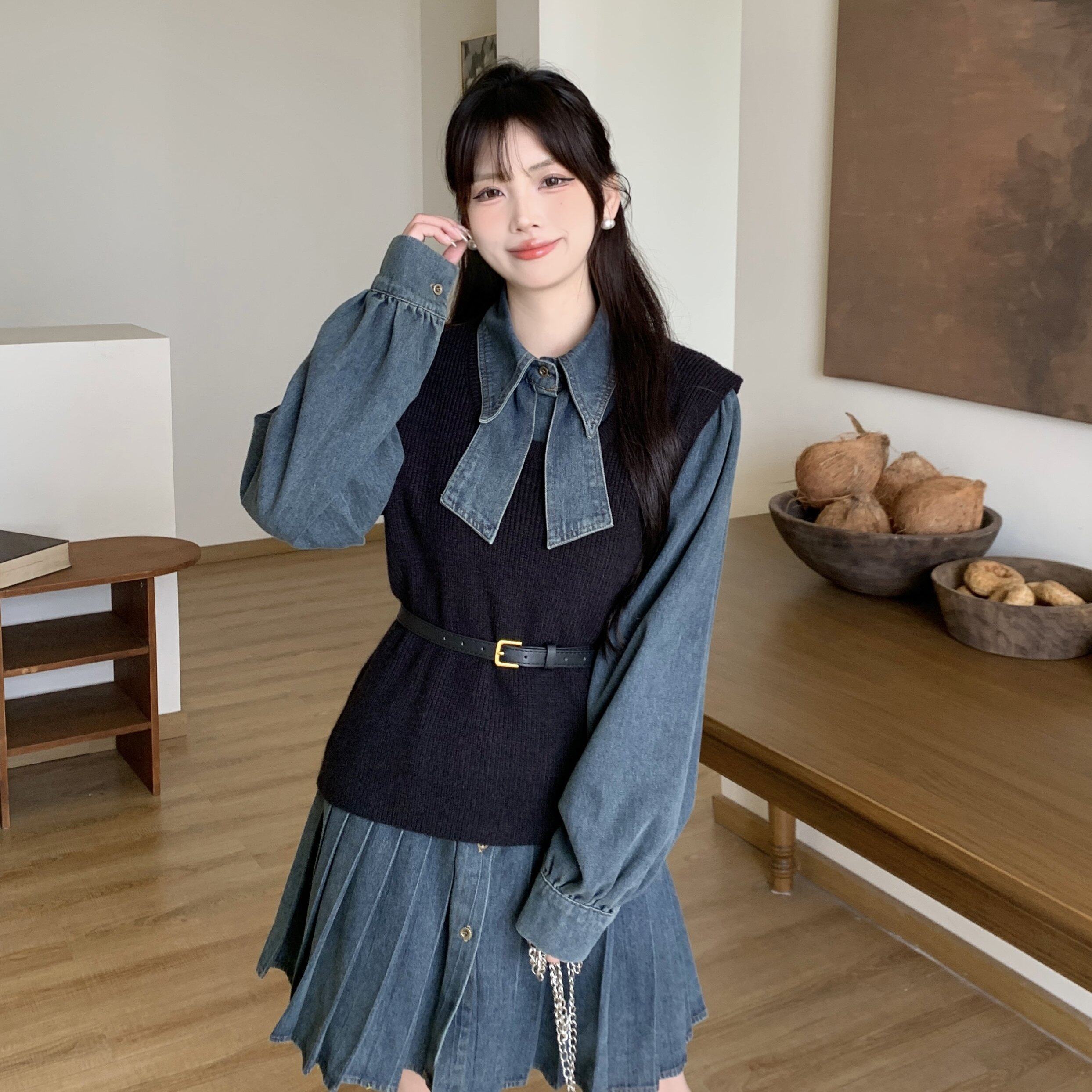 实拍～新蝴蝶结百褶衬衣裙两件套女春季显瘦气质设计感宽松连衣裙