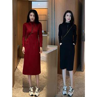 长款卫衣裙女秋冬季新款洋气遮肚子减龄显身材高级卫衣纯色连衣裙