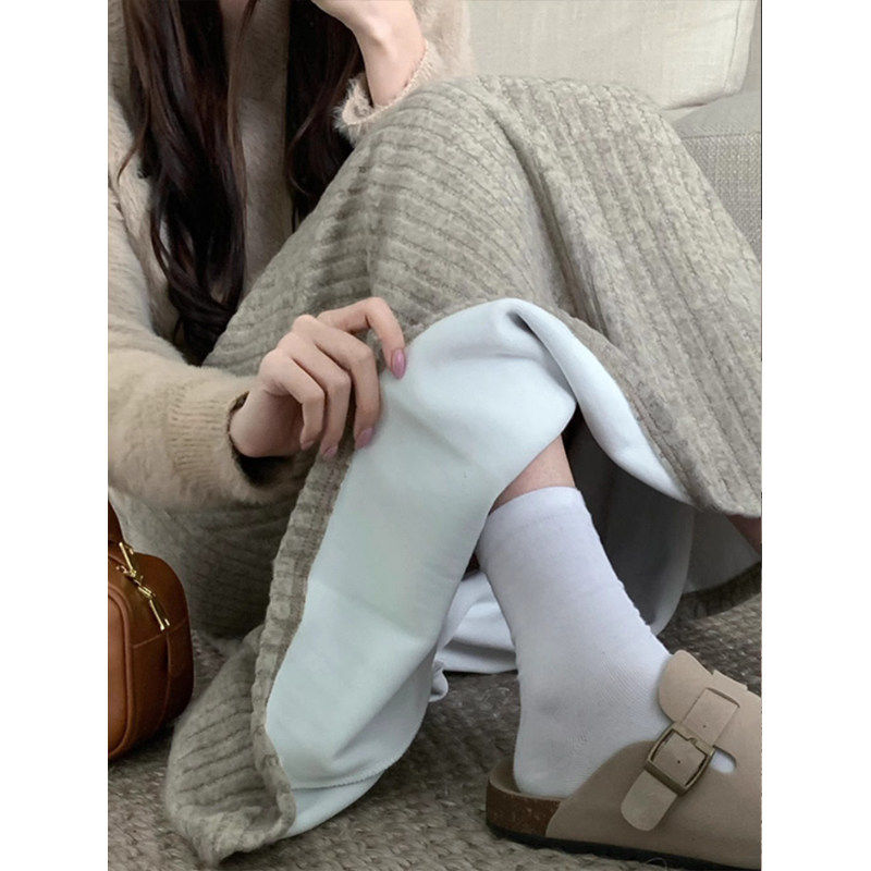 小个子加绒a字半身裙女秋冬松紧腰半裙灰色中长裙子外贸跨境爆款