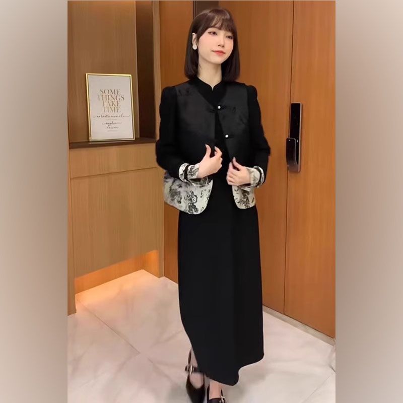 新中式水墨风女装一整套气质直筒显瘦遮肉连衣裙搭配无袖百搭马甲