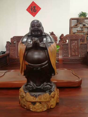 黑檀木雕弥勒佛艺像摆件实木元宝笑佛礼家居客厅装黑饰雕刻工品
