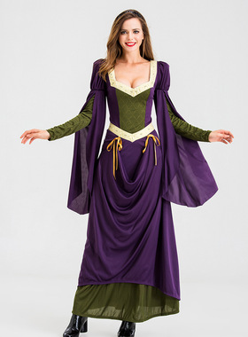 实拍新款中世纪服装女 欧洲复古宫廷女王服紫色长裙万圣节cos大码