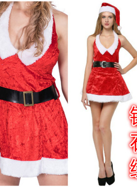 万圣节cos服圣诞红裙 圣诞节红色连衣裙大码毛毛装性感 钻石绒料