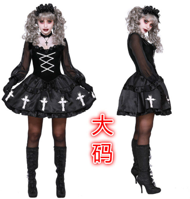 万圣节新款大码鬼娃恶魔女巫装欧美鬼娃娃装黑色恐怖鬼新娘cos服