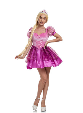 魔法奇缘长发公主角色扮演cos表演服性感大码公主抹胸连衣裙紫色