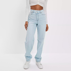 AEO美国鹰 浅色高腰纯棉无弹阔腿牛仔裤女斜扣宽松显瘦直筒长裤潮