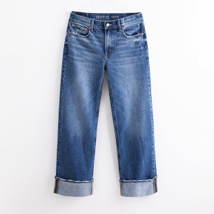 美国鹰 AEO秋款蓝色高腰无弹牛仔裤女宽松显瘦阔腿折边直筒裤潮