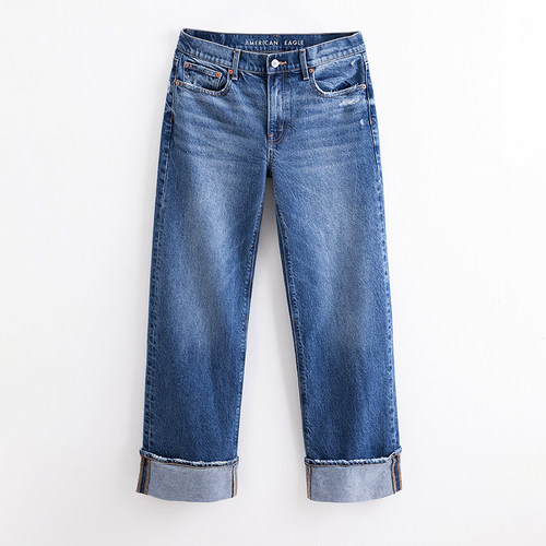 美国鹰 AEO秋款蓝色高腰无弹牛仔裤女宽松显瘦阔腿折边直筒裤潮