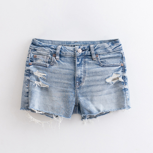 热裤 AEO 磨破洞牛仔短裤 蓝色高腰弹力修身 女潮 美国鹰2025夏款