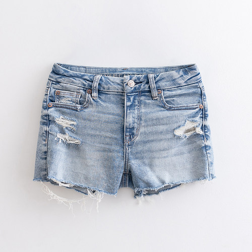 AEO  美国鹰2026夏款蓝色高腰弹力修身磨破洞牛仔短裤热裤女潮