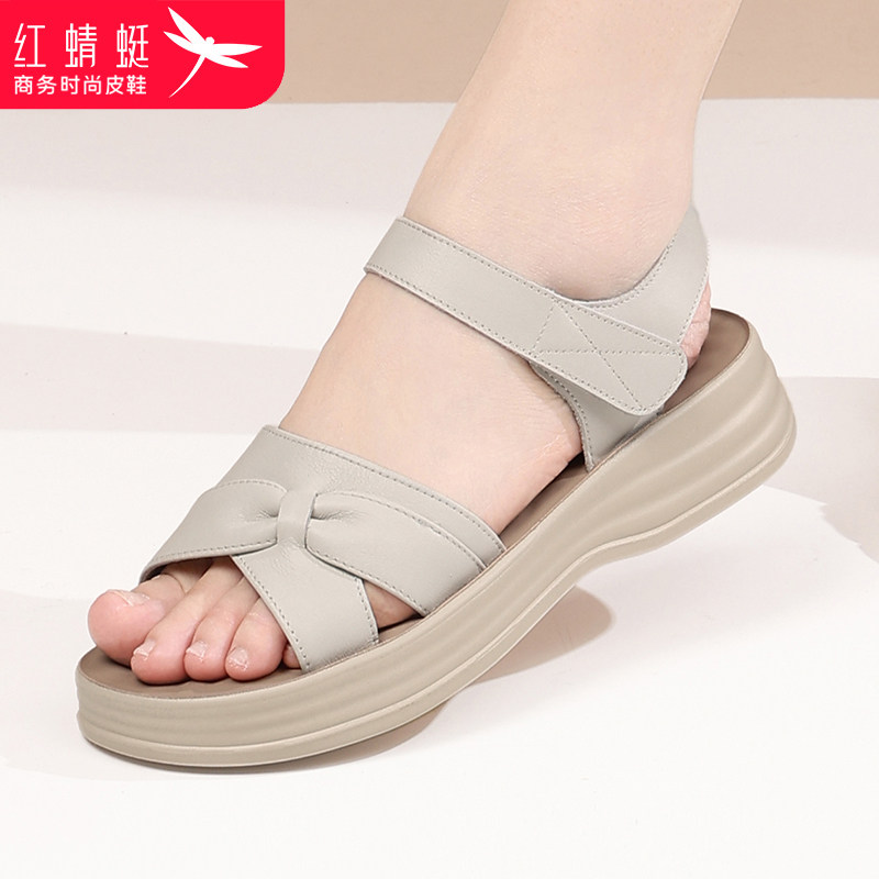 红蜻蜓女鞋女士平底凉鞋女款2026新款夏季真皮软底牛皮夏天妈妈鞋