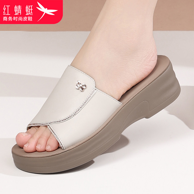 红蜻蜓女士平底厚底增高拖鞋女2026新款夏季凉拖鞋真皮一字拖凉鞋